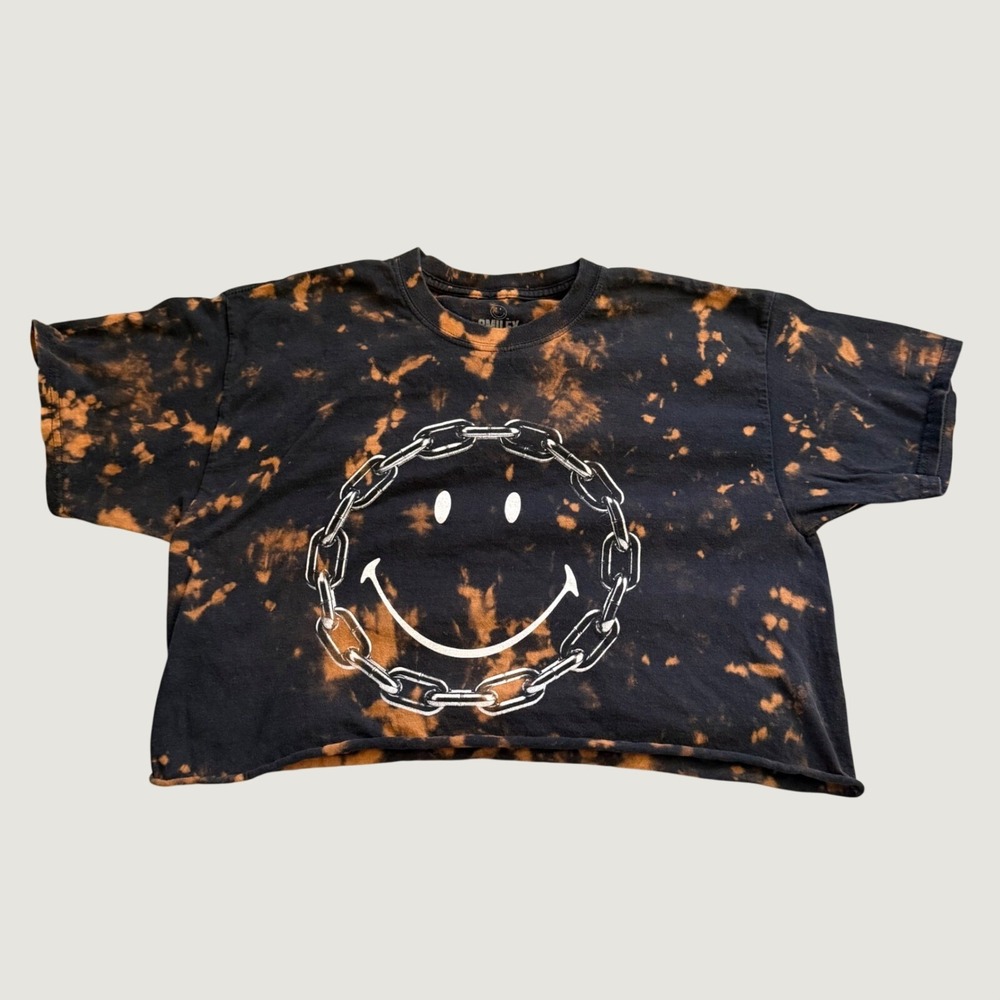 Smiley Originals Bleach Tie Dye Crop Top Black Orange Chain Smiley Graphic Tee L